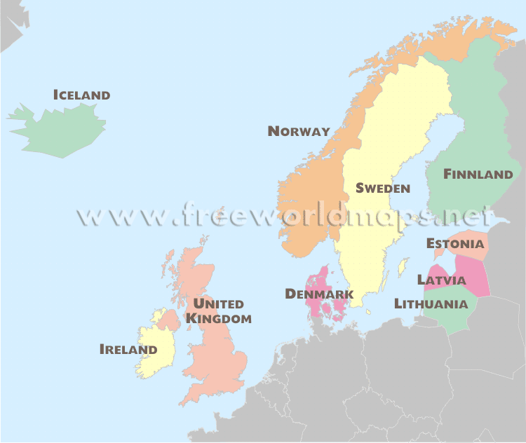Political map of Northern Europe, equirectangular cylindrical 
