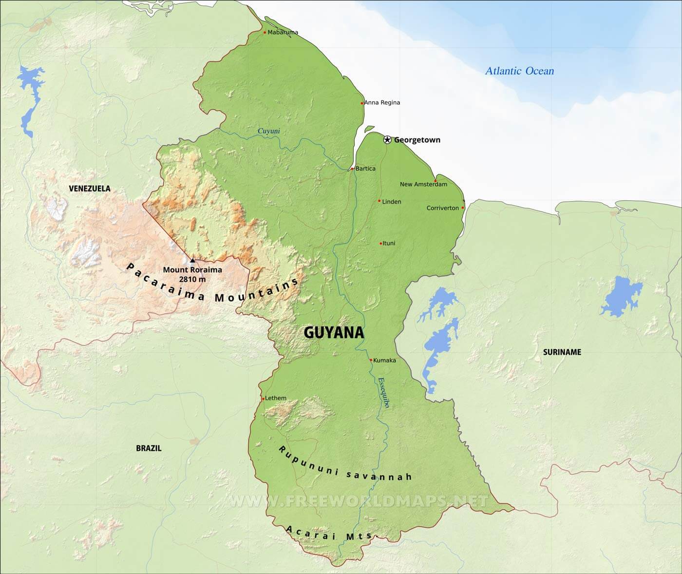 Physical map of Guyana.