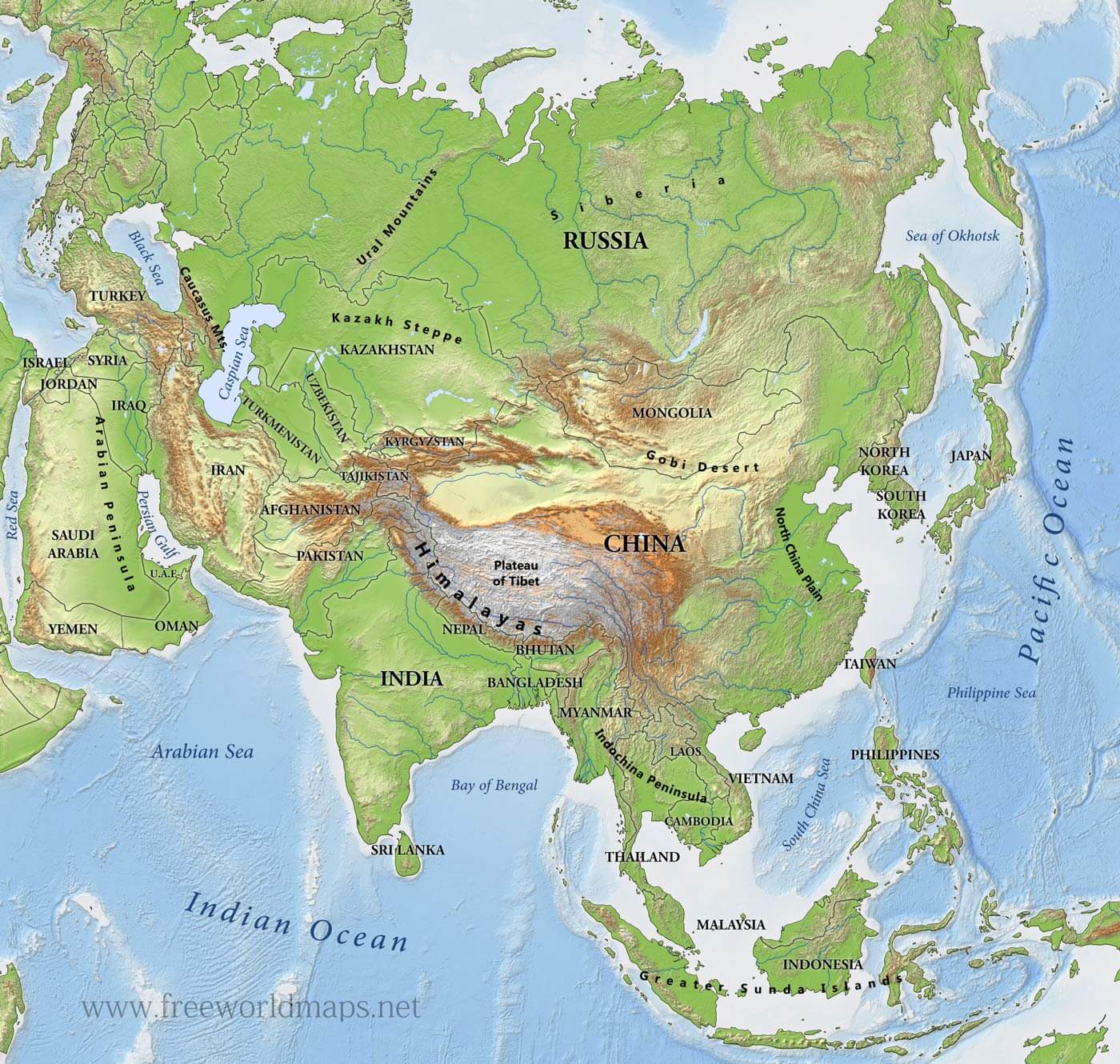 central and east asia physical map