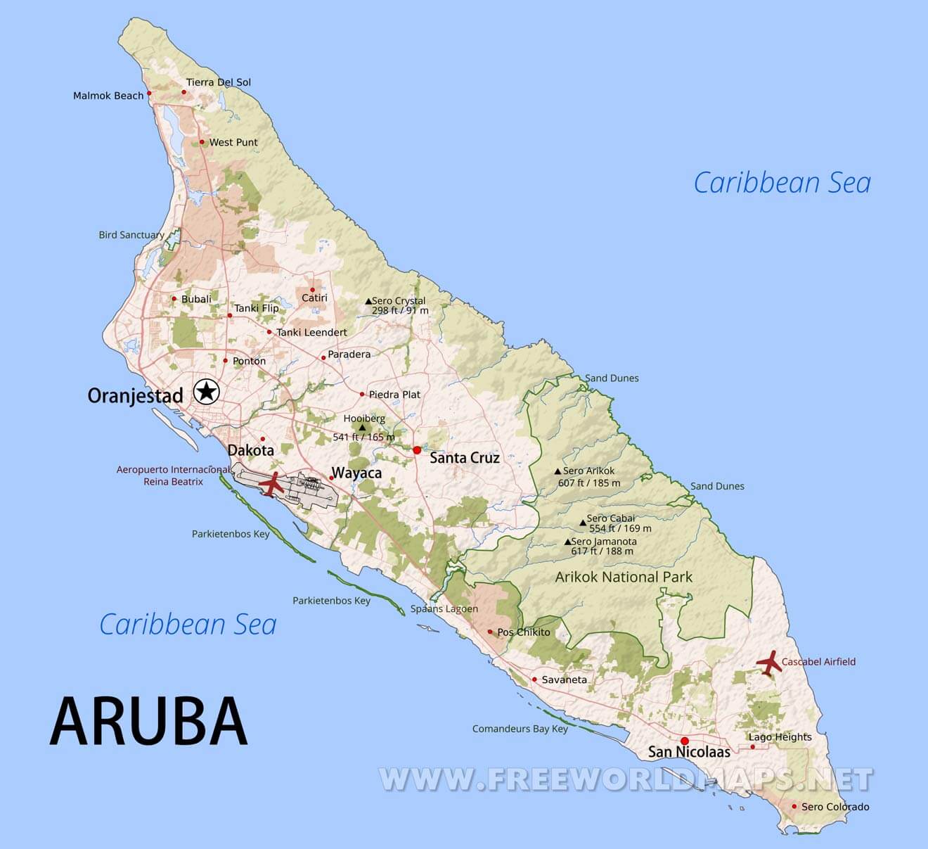 Aruba Map; Geographical features of Aruba of the Caribbean