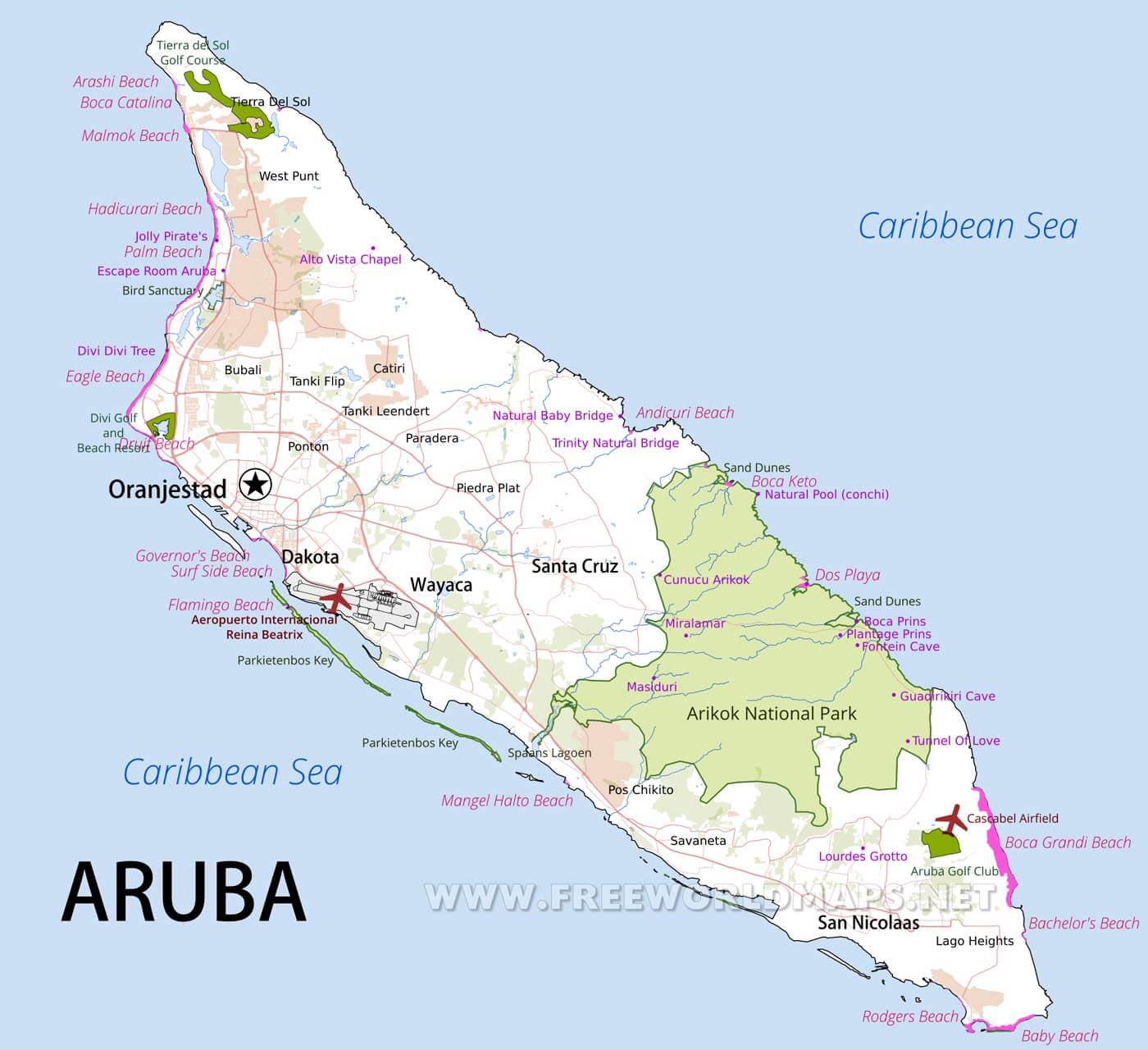 Aruba Map Geographical Features Of Aruba Of The Caribbean 