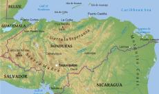 Physical map of Honduras