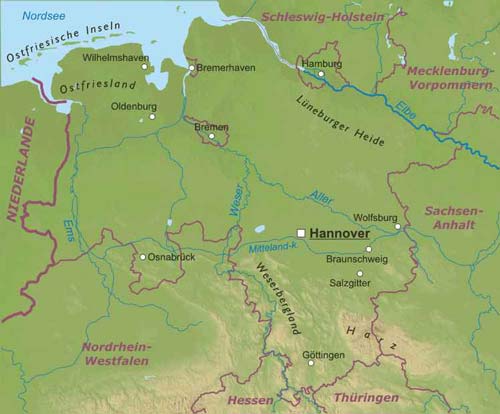 Niedersachsen geographische karte
