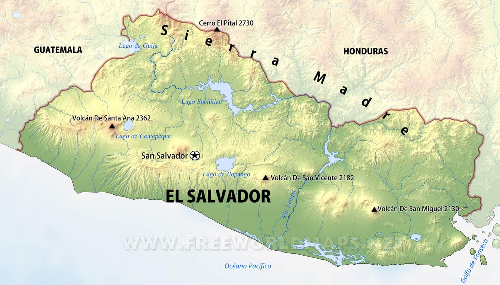 Mapa físico de El Salvador - Geografía de El Salvador.