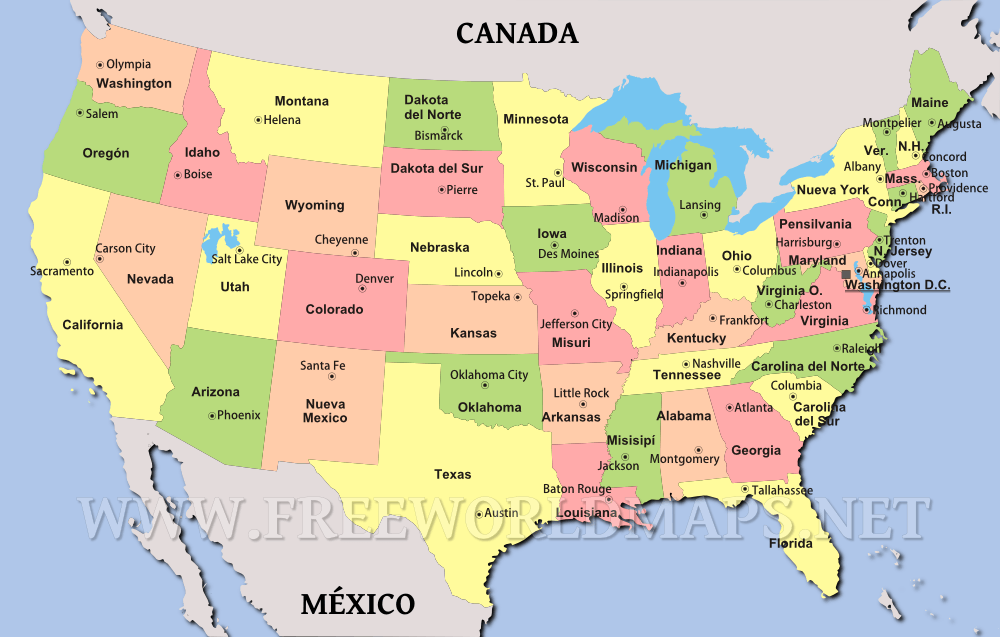 Confiar salto Canadá Mapa político de Estados Unidos