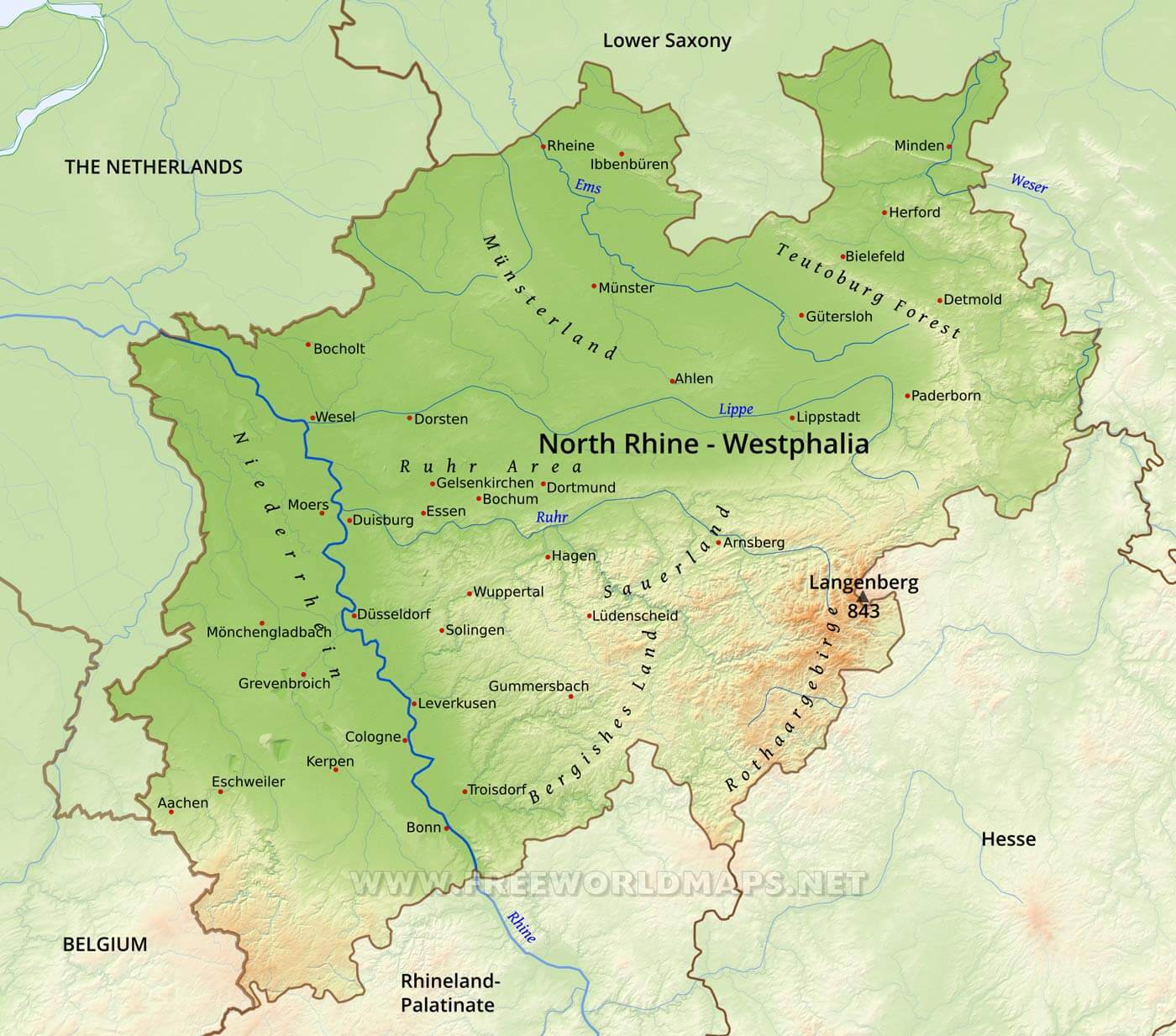 North Rhine Westphalia Physical Map North Rhine Westphalia Physical Map