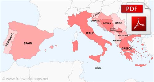A4 PDF map of Southern Europe with countries