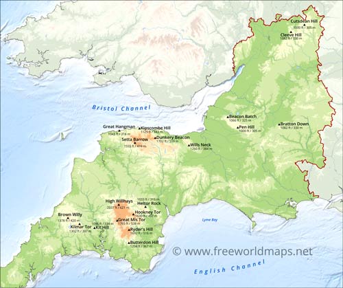 South West England mountains and hills