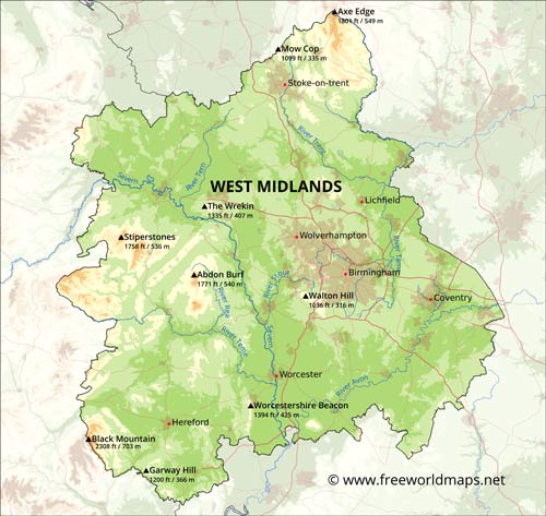 West Midlands physical map