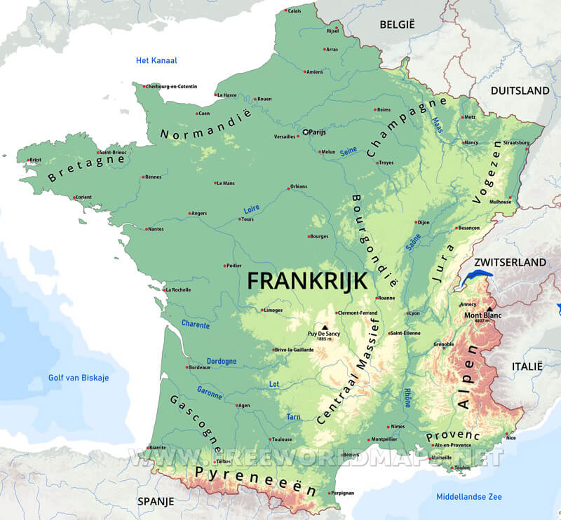 Fysieke kaart van Frankrijk
