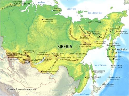 Siberia mountain ranges and peaks