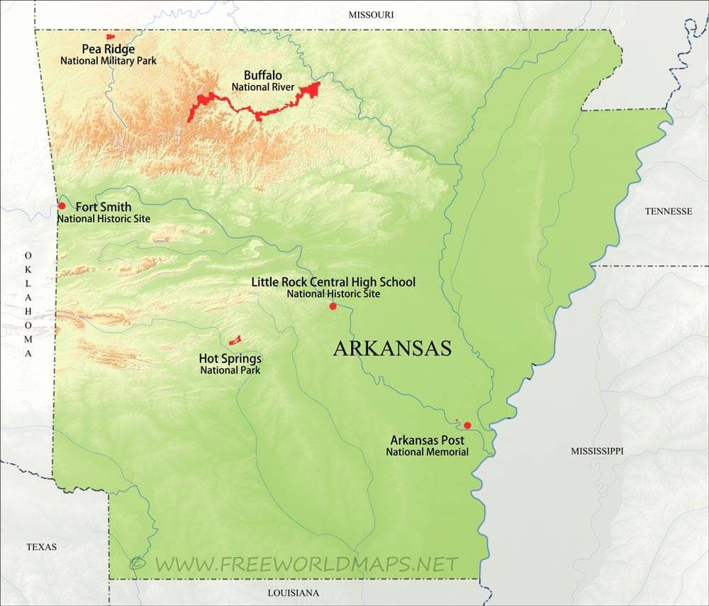 Physical Map Of Arkansas Physical Map Of Arkansas