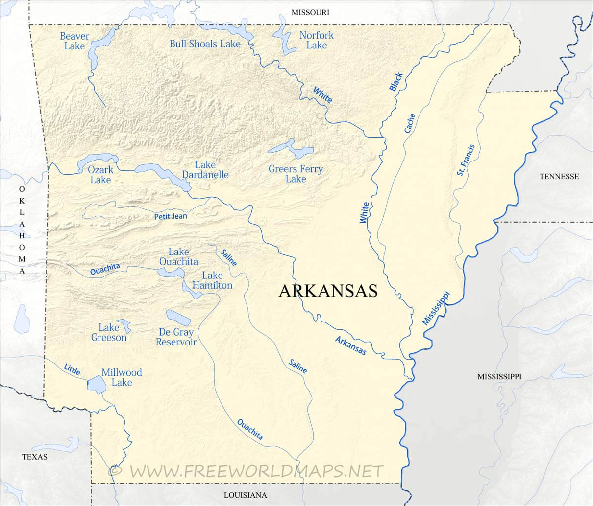 Physical map of Arkansas