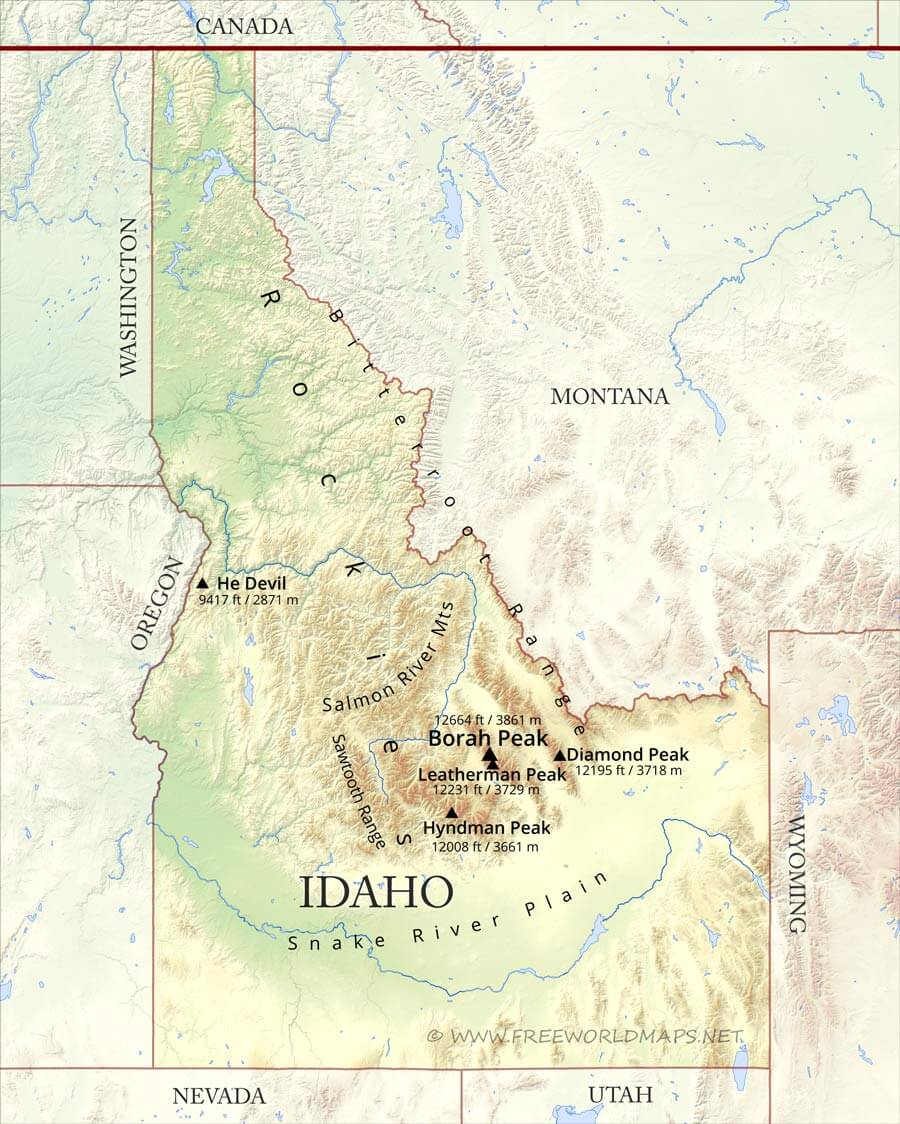 Idaho Mountain Ranges Map. 