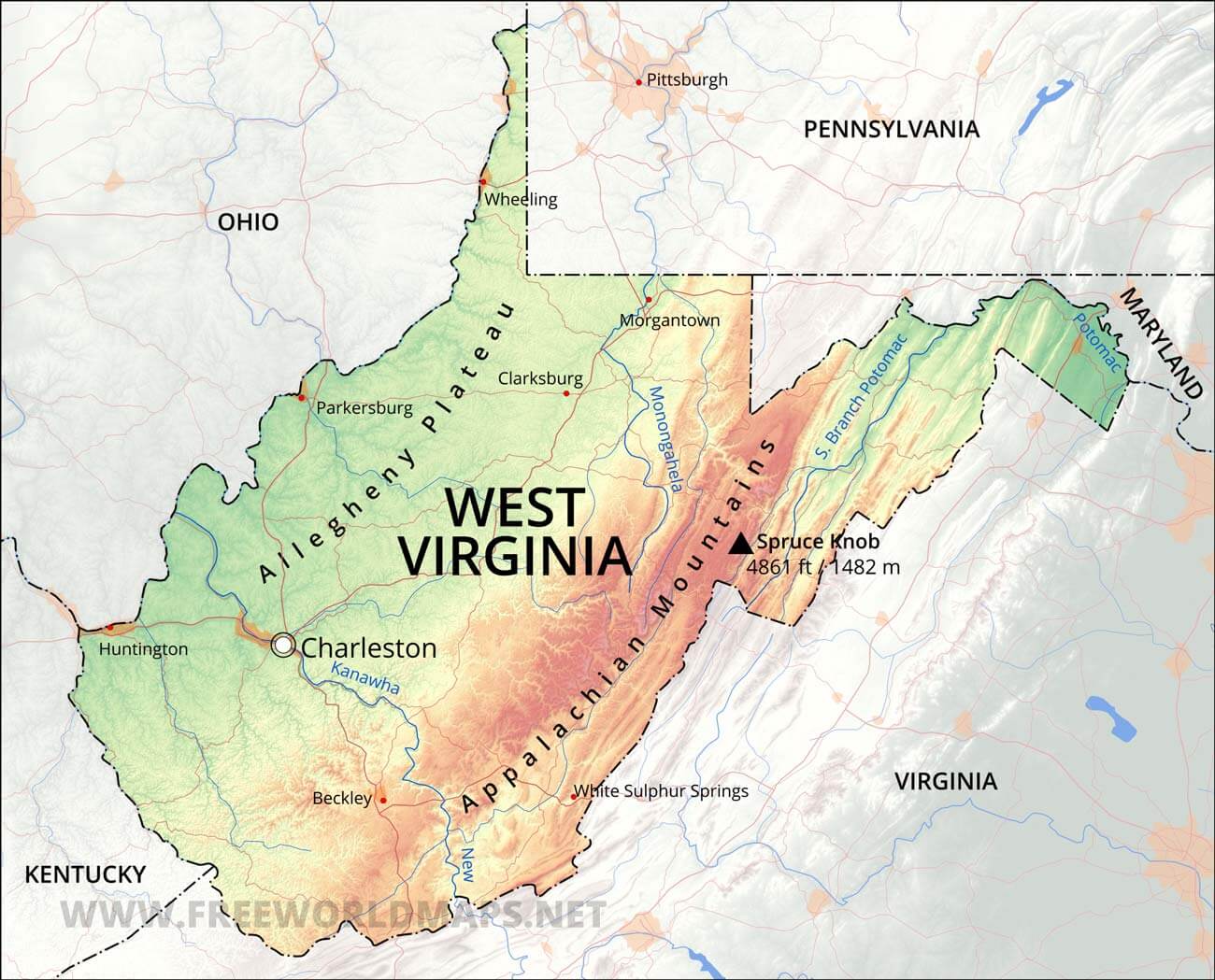 Physical Map Of West Virginia